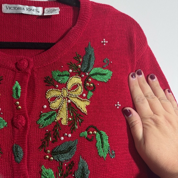 Victoria Jones Red Beaded Holiday Cardigan Sweater, Women’s XL Coquette - Picture 3 of 7